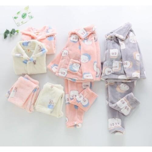 Children Flannel Pajamas Set Autumn and Winter Boys and Girls Cartoon Warm Two Sets of Childrens Coral Home Clothes Pajama Set