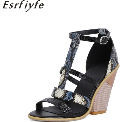 ESRFIYFE 2021 New Roman Sexy Print Snakeskin Grain Feminina Sandals Spike Heel Open Toe Buckle Strap Women Sandals Shoes brown