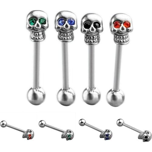 1Pcs 4 Colors Barbell Piercing Body Jewelry 316L Stainless Steel CZ Gem Punk Skull Tongue Ring For Women Fashion Jewelry