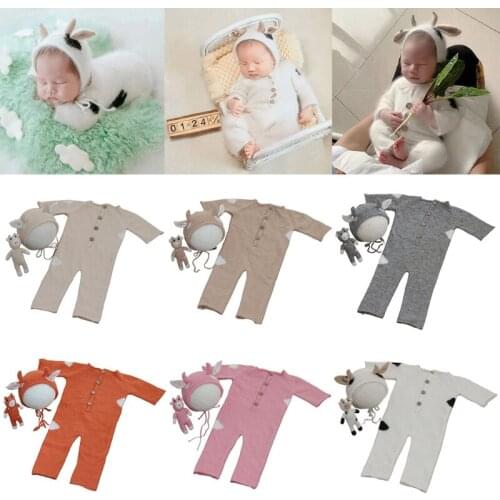 3 Pcs Baby Knitting Cow Hat Animal Doll Romper Set Handmade Crochet Mohair Beanies Bodysuit Newborn Photography Props 87HD