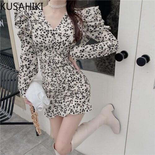 KUSAHIKI Chiffon Pringting Women Dress Korean Puff Sleeve V-neck Elegant Vestido Spring Slim Mini Ruffle Dresses 2021 New 6F256