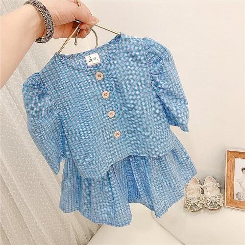 Girls summer fashion sets short-sleeved childrens new Korean clothes girl baby plaid shorts two-piece trendy party clothing