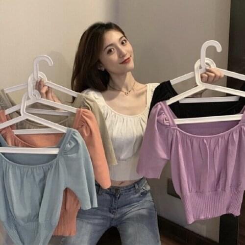 Summer Korean Womens Square Neck Short Sleeve Shirt Outerwear Ladies Girl Short Bottoming Shirt Casual Tops