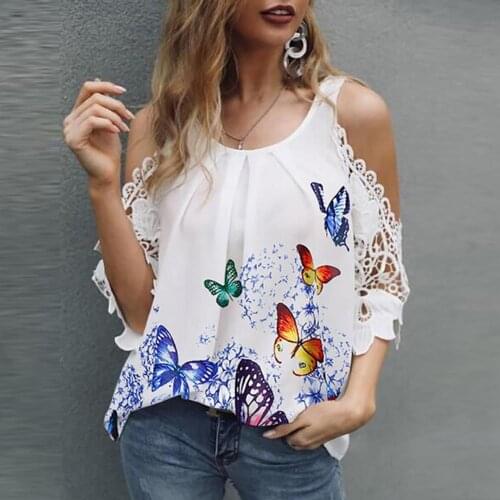 Summer Butterflies Print Women Blouse Off Shoulder Casual Round Neck Shirt Top