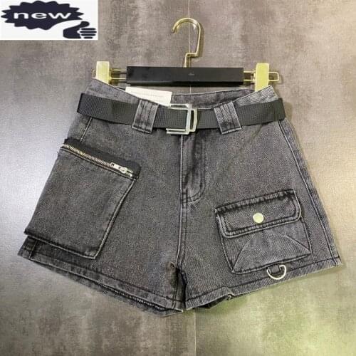 Fashion Pockets Zipper Sashes Cargo Street Women Summer High Waist Straight Denim Hotpants Vintage Classic Shorts