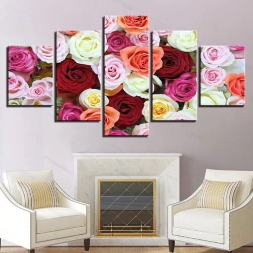 Modular Picture Poster Art Canvas Framework Painting 5 Panel Beautiful Rose Flower Wall for Living Room Hd Printed Photo