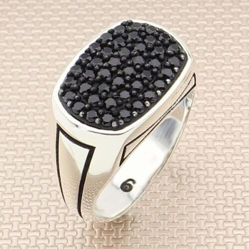 Rectangle Black Zircon Multi Stone Men Silver Ring With Symmetrical Motif Solid 925 Sterling Silver