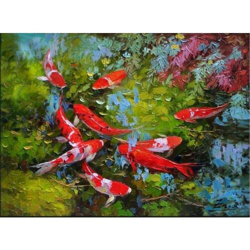 Handmade ORIGINAL Large Abstract Contemporary Textured Modern Palette Knife Oil Animalsa group of fish Living room decoration