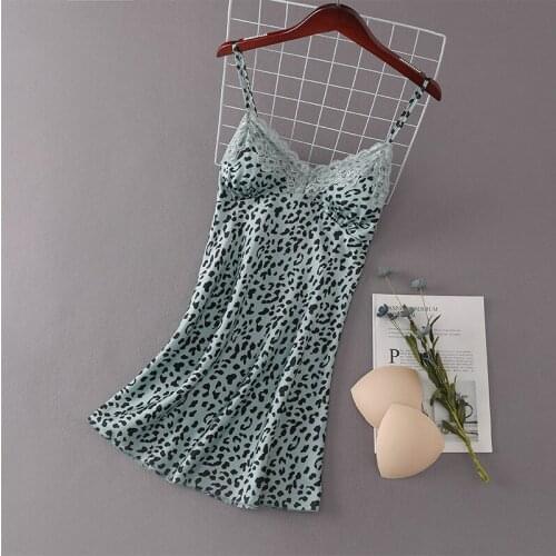 Sexy Leopard Home Clothing Lace Sleepwear Women Nightgown Satin Nightwear Summer New Nightdress Green Chemise Sleepwear