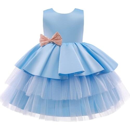 Girls Dress Summer Satin BluDresses Baby Clothes Sleeveless Puffy Gown Princess Dress Baby Kids Girl Dress with Sequins Bow