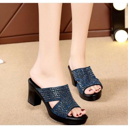 2020 Luxury rhinestone Heels Slippers Women Sandals Woman Thick with High Pumps Elegant female summer beach sandals Sexy Square