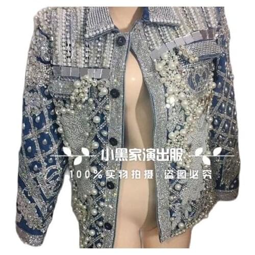 Blue jean jacket pearl rhinestone jacket nightclub concert singer dancer dress Costumes