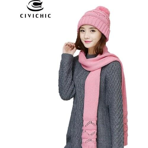 CIVICHIC Autumn Winter Knit Hat Scarf Korean Style Warm Set Hollow Out Crochet Shawl Pompon Beanies Solid 6 Color Headwear SH157