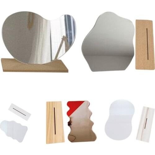 Irregular Makeup Mirror Cosmetic Ins Acrylic Mirror Desktop Home Decorative with Wooden Base for Living Room Bathroom