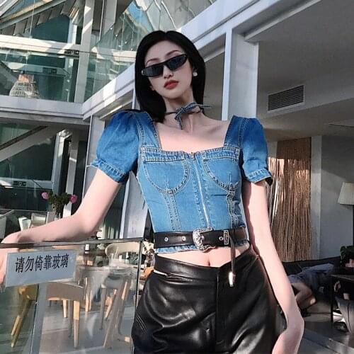 2021 Sexy Denim Women T-shirt Top Blue Square Collar Puff Sleeve Zipper Casual Streetwear Slim Bodycon Fit Lady Chic Crop Top
