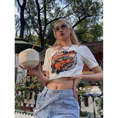 2021 Fashion Korean Aesthetic Y2K Women T-shirt Punk Locomotive girl Streetwear Ladies gothic Top Tshirts Harajuku Clothes