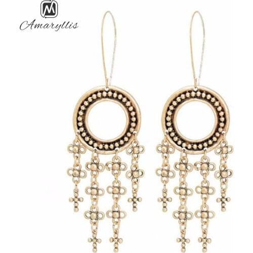 Amaiyllis Vintage Flower Pattern Statement Earrings For Women Chunky Hollow Round Circle Pendant Drop Earrings Tassel Earrings