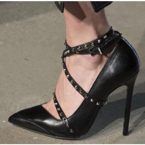 Carpaton Runway High Heel Leather Shoes Woman Sexy Pointed Toe Rivets Studded Thin Heels Pumps Ankle Strap Stiletto Heels