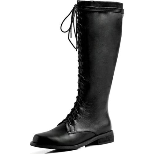 Genuine Leather Thick High Heels Platform Knee Boots Woman Lace Up Women Boots Autumn Winter Fashion Motorcycle Shoes