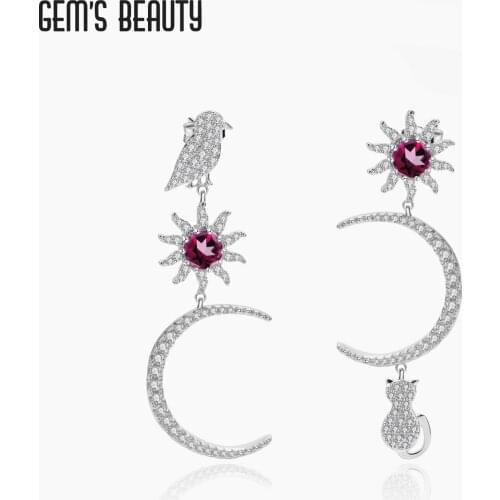 GEMS BEAUTY 925 Sterling Silver Earrings Moon Bird Cat Round Natural Rhodolite Handmade Stud Earrings For Women Romantic Gift