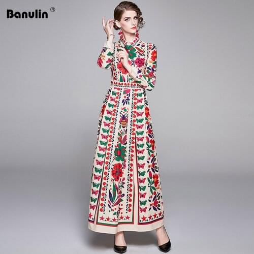 Banulin New 2021 Spring Long Maxi Dress Womens Turn Down Neck Long Sleeve Charming Floral Print Bohemia Casual Runway Dresses