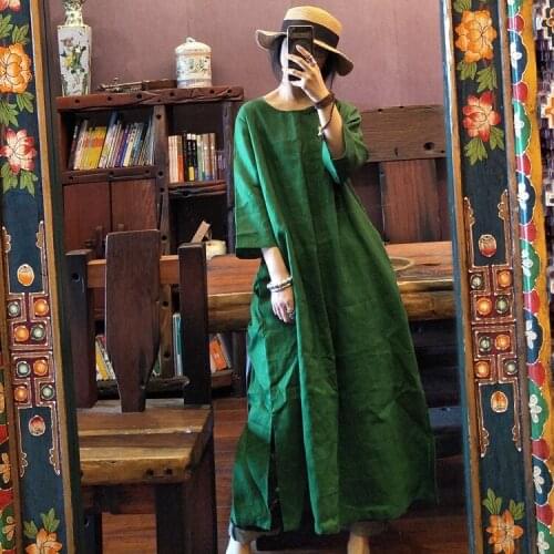 Women Linen Dress Solid Color Button O-Neck Seven Sleeve 2021 Summer New Vintage Women Loose Robes High Quality Dress MT9