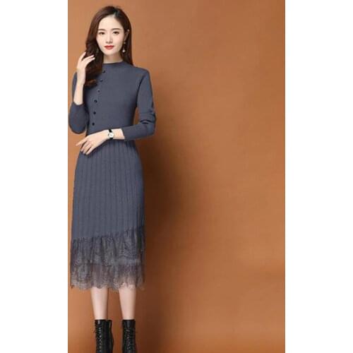Thick warm Elegant Knitted Dress Women Autumn Winter O-neck Buttons Long Sleeve Slim Lace Sweater Dresses Femme Vestidos