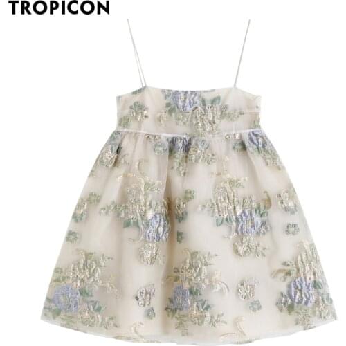 TROPICON Jacquard Backless Embroidered Slip Dress Women Summer 2021 A Line Ball Gown Spaghetti Strap Cami Dress Fashion Clothes