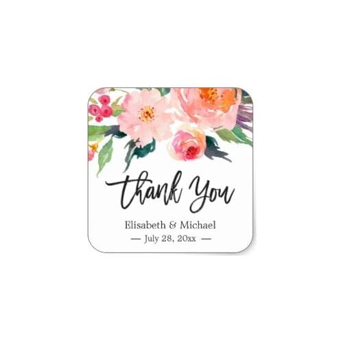 1.2x6cm Modern Watercolor Floral Thank You Wedding Favor Square Sticker