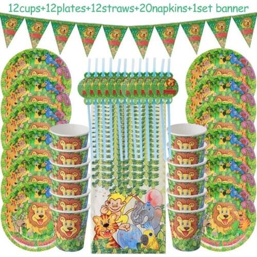 57pcs Jungle animals Kids birthday party favors decoration Classic lion pattern Paper plate disposable tableware kit Baby shower