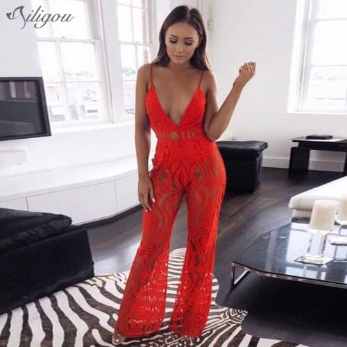 Ailigou 2021 New Womens High-end Red Lace Sexy Club Elegant Deep V Neck Sleeveless Ladies High Waist Skinny Wide Leg Jumpsuit