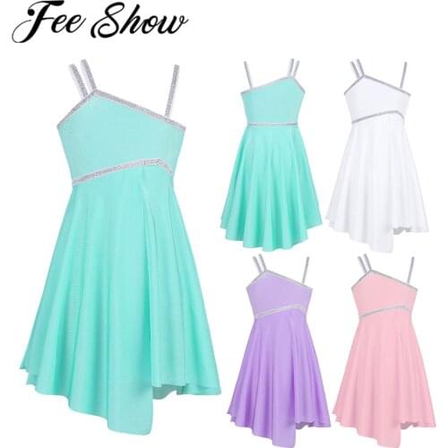 Kids Girls Shiny Gym Ballet Dance Dress Gymnastics Leotard Asymmetrical Modern Jazz Latin Ballroom Skirt Ballerina Stage Costume