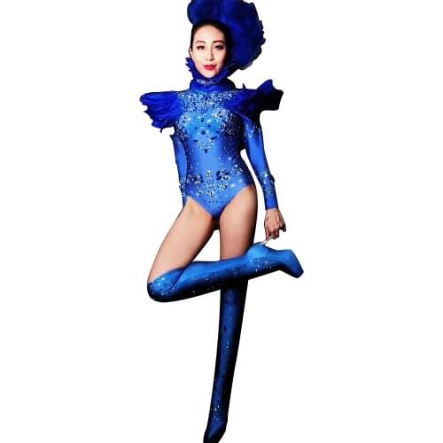 Fashion Blue Feathers Rhinestone Party Bodysuit Women Elastic Tights Crystal Dance Leotard Nightclub Show Singer Stage Costumes