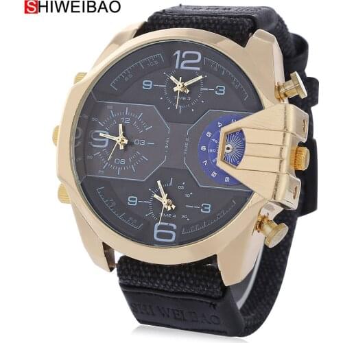 Cool Big Watches For Men Golden Case Mens Quartz Wristwatches Four Time Zones Military Relogio Masculino Canvas Watchband Hours