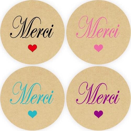 DouxArt 100pcs 40mm Stickers Merci with Heart, Kraft Paper Wedding Favors Party Communion Baptism Candy Boxes Seals Labels