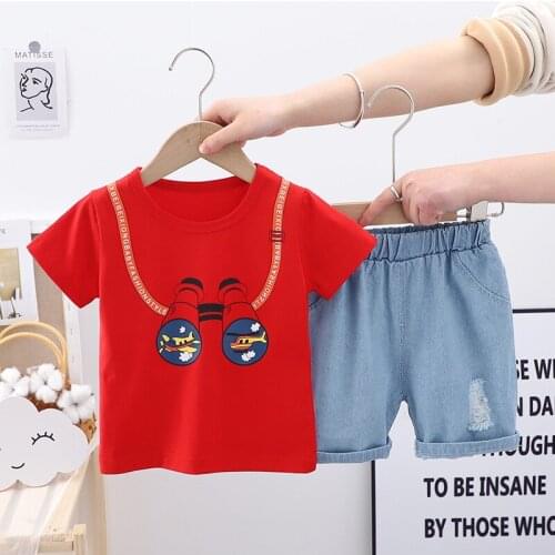 New Baby Toddler Clothing Suits Summer Boys Telescope Print T-shirt +ripped Jeans Infant Girls Casual Sets Kids Handsome Clothes