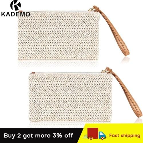 KADEMO 2PCS Womens Straw Clutch Bag Summer Beach Bohemian Long Straw Purse Zipper Wristlet Wallet for Women Support Dropshipping