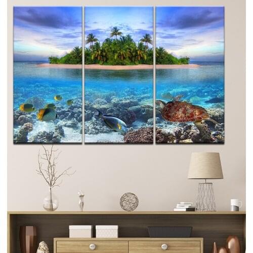 Canvas Painting tropical island with fish 3 Pieces Wall Art Painting Modular Wallpapers Poster Print for living room Home Decor