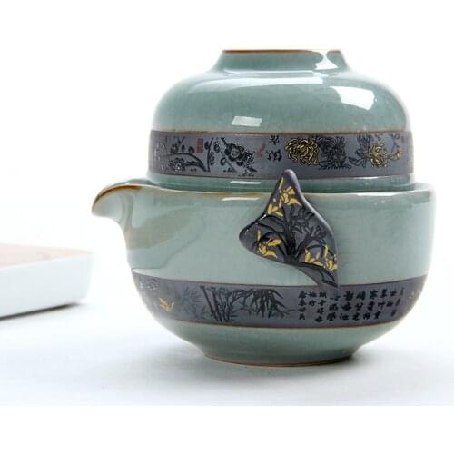 Ceramic kungfu tea set, celadon express cup, Ru kiln one pot one cup, Ge kiln office small tea set