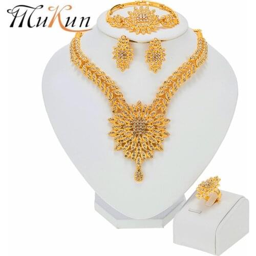 Dubai Women Gold Color Jewelry Sets African Wedding Bridal Ornament Gifts For Saudi Arab Necklace Bracelet Earrings Ring Set