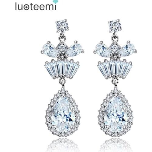 LUOTEEMI New Design Fashion Cheap White Gold-Color CZ Dangle Earrings for Women Luxury Bridal Wedding Jewelry