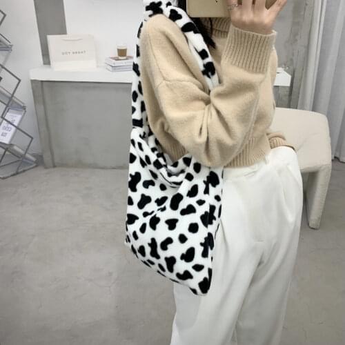 Soft Plush Ladies Furry Crossbody Bag Fahsion Cow Pattern Women Small Tote Shoulder Bags Simple Design Girls Purses Handbags