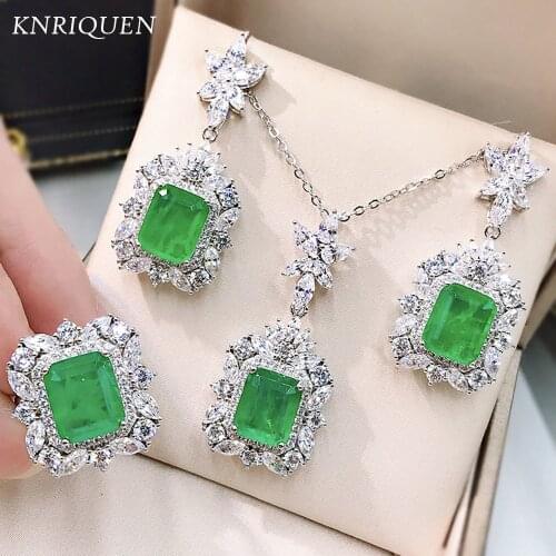 Charms 925 Sterling Silver Wedding Jewelry Sets for Women Lab Cultivated Emerald Diamond Drop Earrings Pendant Necklace Set Gift