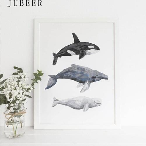 Nordic Style Whale Painting Print Orca Humpback and Beluga Nautical Nursery Wall Art Canvas Poster Animal Decorative Picture