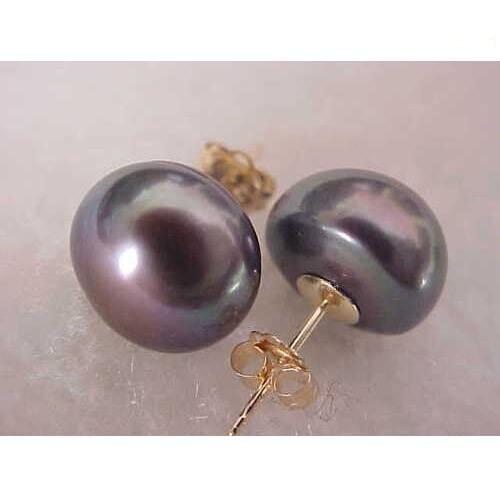 New Arrival Favorite Pearl Earring 11mm Genuine Black Pearl Stud Earrings Solid 14kt Yellow Gold Plated Fine Jewelry Women Gift