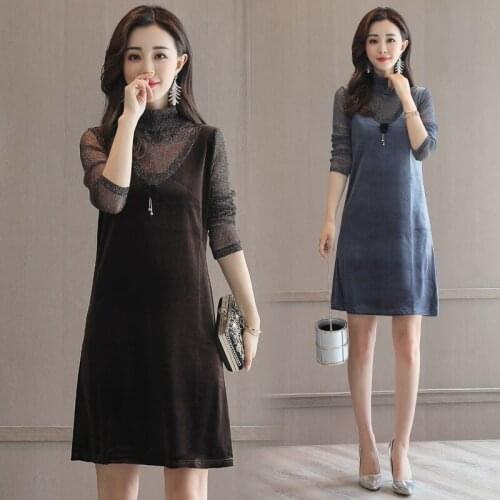 Autumn Winter Turtleneck Dress Women Velvet Patchwork Mesh Dress Long Sleeve Vintage Dresses Plus Size Women Clothing Vestidos