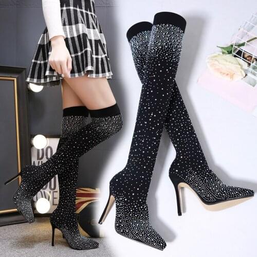 2021 Autumn Winter Women Boots Stretch Slim Thigh High Boots Glitter Fashion Over the Knee Boots High Heels Shoes Woman Sapatos