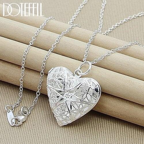 DOTEFFIL 925 Sterling Silver Heart Photo Frame Pendant Necklace 18 inch Chain For Woman Fashion Wedding Party Charm Jewelry