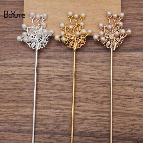 BoYuTe (5 Pieces/Lot) 25MM Filigree Peacock Feather Hair Stick with 37*40MM Pearl Tree Branches Diy Jewelry Accessories