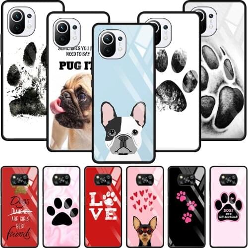 Transparent Glass Phone Case For Mi Poco X3 NFC 10T 9T Note 10 11 Pro Lite Ultra 11i F3 M2 Shell Dogs are best friends Dog paw